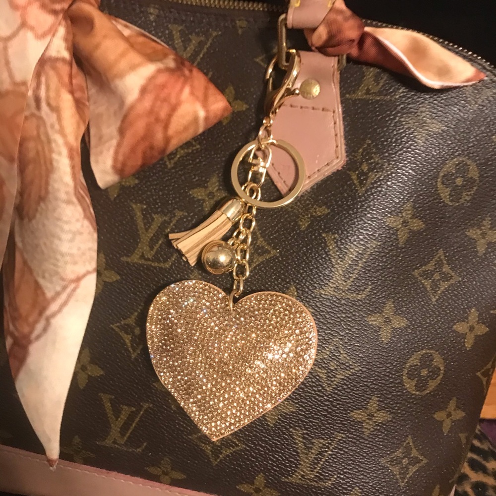 Rhinestone bling Heart gold - Champagne  keychain purse charm